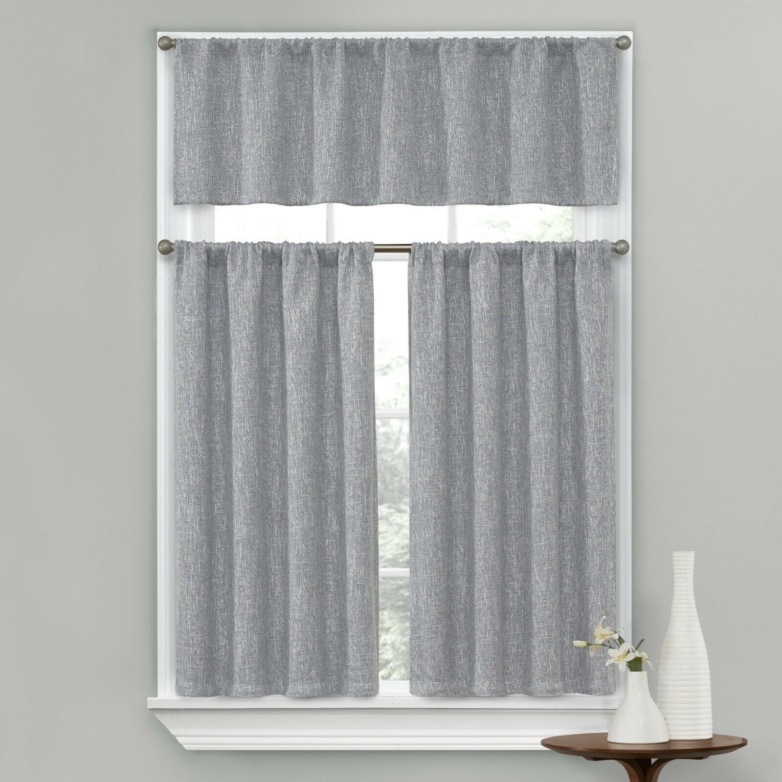Complete Textured 3 Piece Café Kitchen Curtain Tier & Valance Set ...