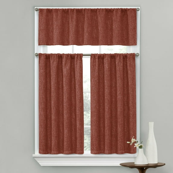 Complete Textured 3 Piece Café Kitchen Curtain Tier & Valance Set - Spice
