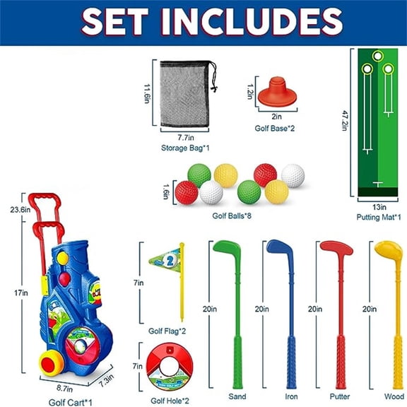 Complete Toddler Golf Toy Set with Retractable Handle Cart, 4 Double-Sided Clubs, 8 Practice Balls, and Putting Mat for Boys and Girls Ages 3 4 5 6