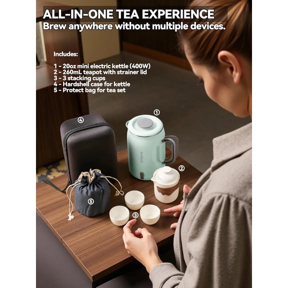 Complete Travel Tea Set with Electric Kettle 0.6L, Hardshell for Portable Travel Hot Water Boiler, Teapot with Strainer, Cups and Protect Bag for Home, Office, and Camping Green