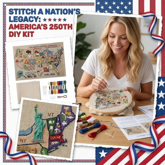 Complete USA Map Cross Stitch DIY Kit, US 250th Anniversary Patriotic Embroidery Set, America Map Needlepoint Wall Decor, Commemorative Craft Gift for Home & Crafters