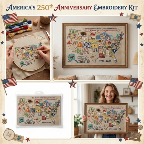 Complete USA Map Cross Stitch DIY Kit, US 250th Anniversary Patriotic Embroidery Set, America Map Needlepoint Wall Decor, Commemorative Craft Gift for Home & Crafters