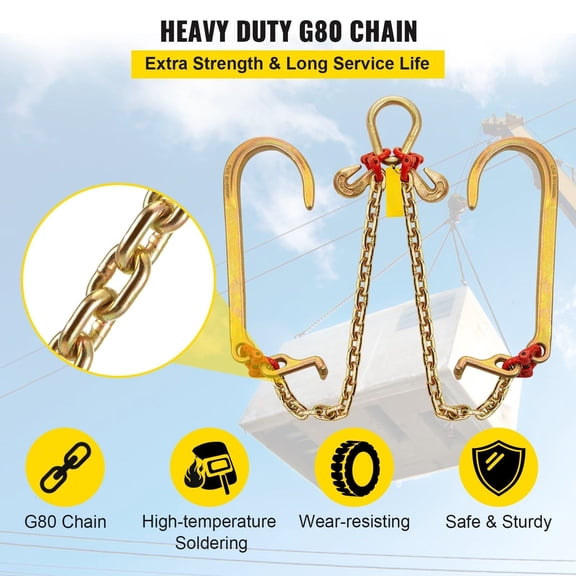 Complete V-Bridle Chain Rig, 2ft Long, 5/16" Thick, Grade 80, 9260 Lbs Break Strength, Features TJ Hook, Grab Hook, & Chain Shorteners