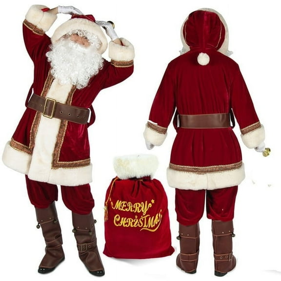Complete Velvet Christmas Santa Suit Christmas Santa Clause Costume for Men 10pcs Set Plus Size -M