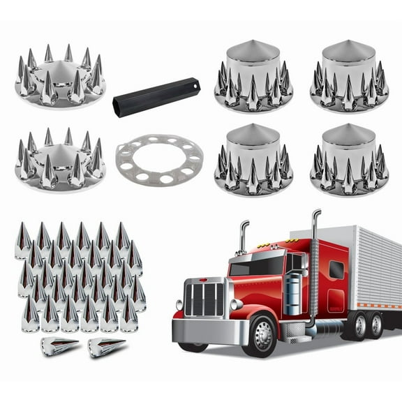 Complete Wheel Chrome Axle Cover Set - 33mm Spike Lug Wheel Nut Covers for Semi Truck, Frightliner, Volvo - Spiked Hub Caps Kit (2 Front & 4 Rear) - Installation Tool Included