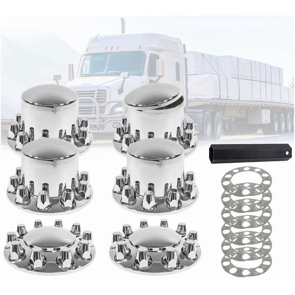 Complete Wheel Chrome Axle Cover Set - 33mm Threaded Lug Wheel Nut Covers for Semi Truck, Frightliner, Volvo - Removable Hub Caps Kit (2 Front & 4 Rear)