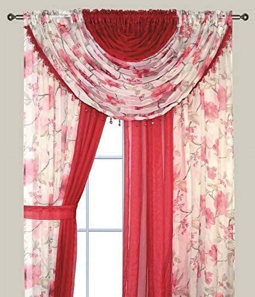 Complete Window Sheer Voile Floral Curtain Panel Set w/4 Attached
