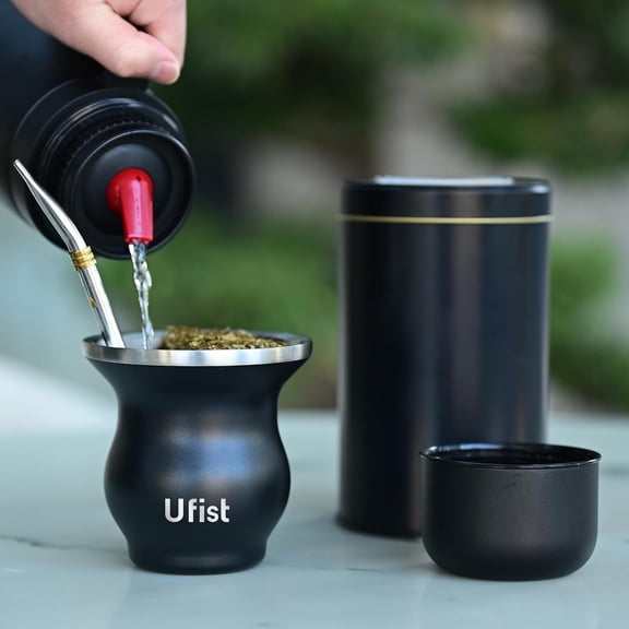 Complete Yerba Mate Cup Set - 304 18/8 Stainless Steel Modern Mate Gourd, Thermal Flask, Tea Container, 2 Bombillas and Cleaning Brush (Black Kit)