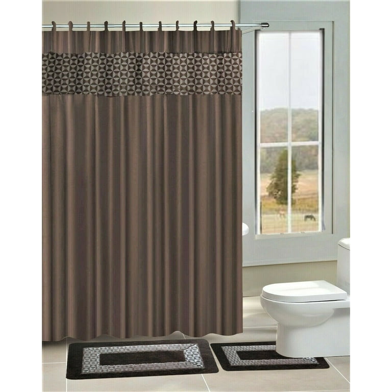 Luxury Bathroom accessories set package includes: 2 rugs mat non slip, 1  shower curtain with 12 hooks and 4 piece ceramic accesories print design  fresco grey 