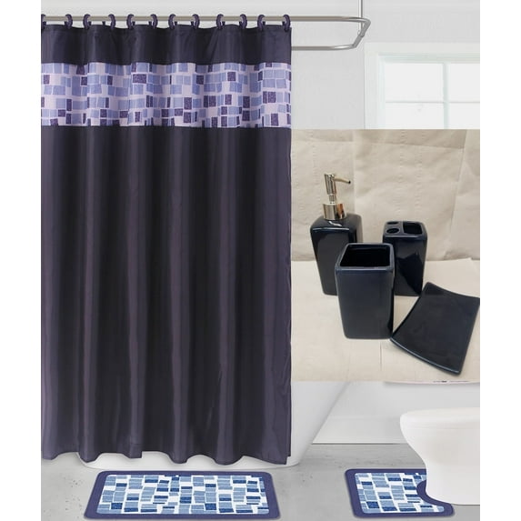 Complete bathroom set 19-Piece 2-rugs/mats non slip, 1 fabric shower curtain, 12 rings, 4pc matching ceramic accesories different styles and colors Stripe navy