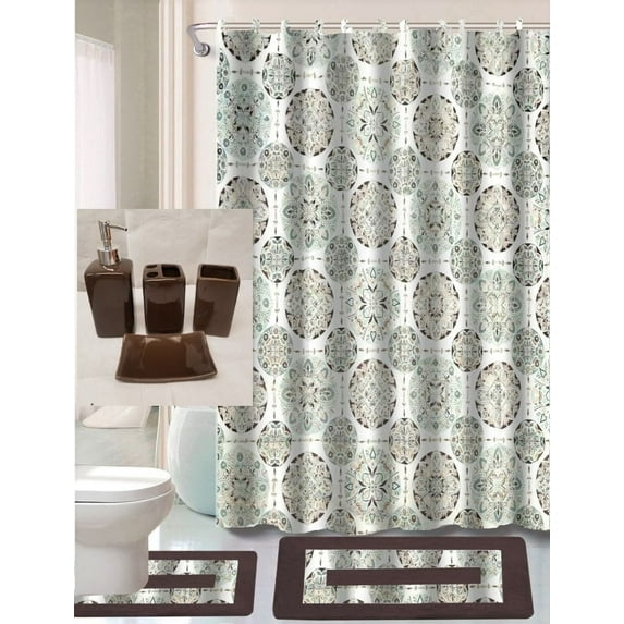 Complete bathroom set 19-Piece 2-rugs/mats non slip, 1 fabric shower curtain, 12 rings, 4pc matching ceramic accesories different styles and colors Zen brown