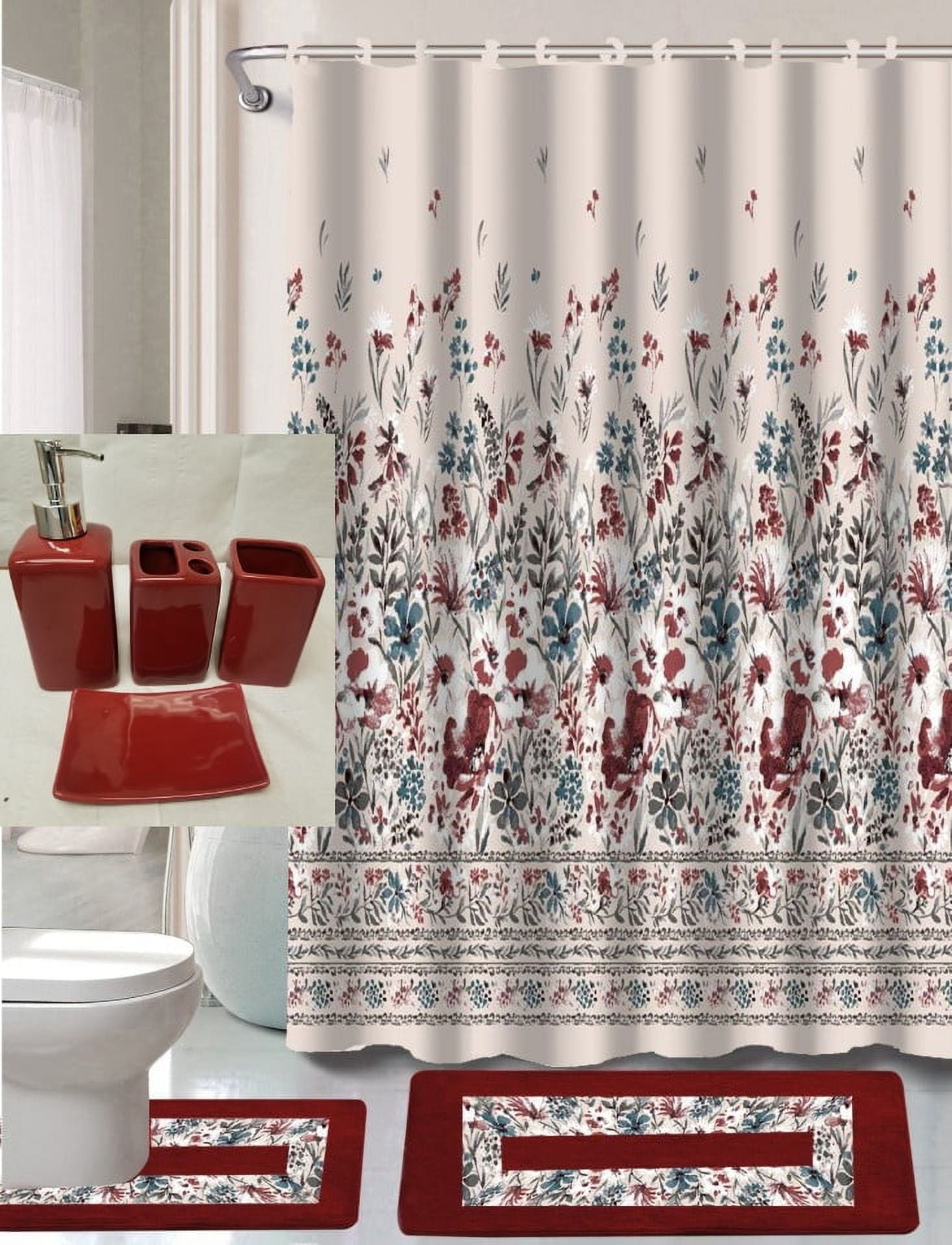 Complete bathroom set 19-Piece 2-rugs/mats non slip, 1 fabric shower ...