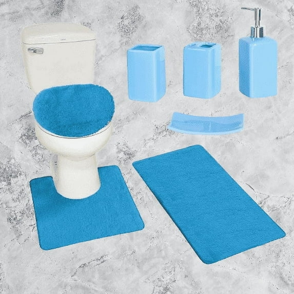 Complete bathroom set rug mat lid cover with 4 piece ceramic accessories #6 BLUE plain color