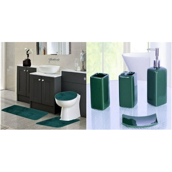 Complete bathroom set rug mat lid cover with 4 piece ceramic accessories #6 Hunter green plain color