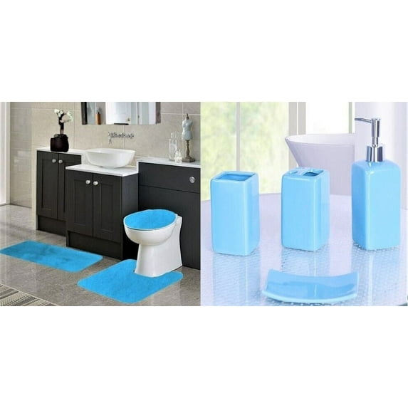 Complete bathroom set rug mat lid cover with 4-piece ceramic accessories #6 aqua blue plain color