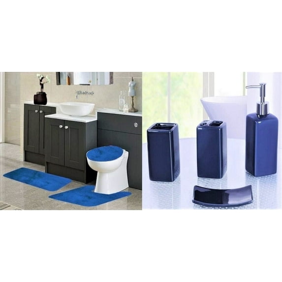 Complete bathroom set rug mat lid cover with 4 piece ceramic accessories #6 royal blue plain color