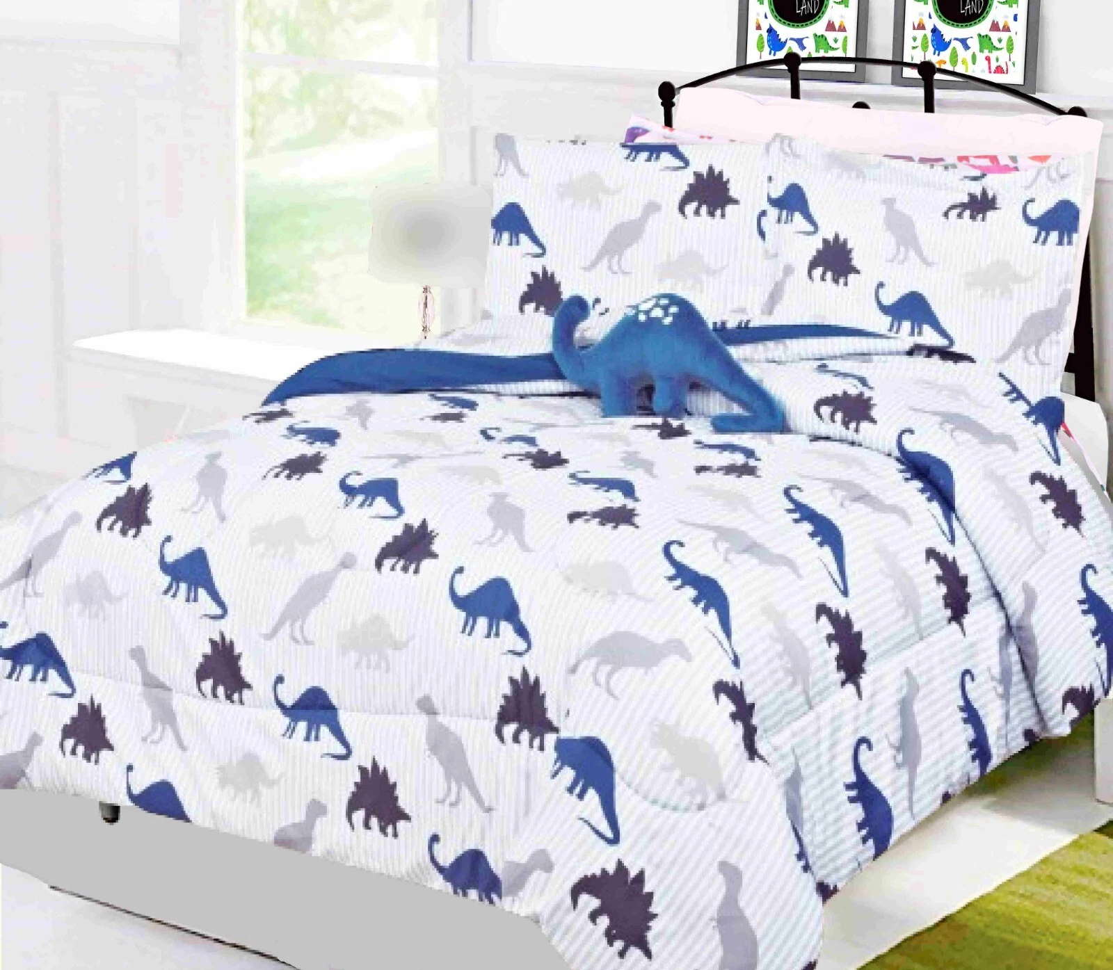 Walmart Full Size Dinosaur White Bedding Set 8pc with Plushie