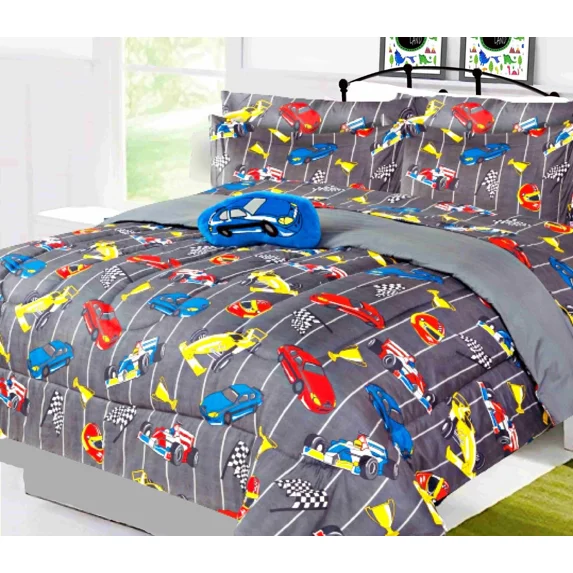 Flip & Snuggle Reversible 8-Piece Full Size Racing Car Blue Bedding Set with Plush Toy & Matching Sheets