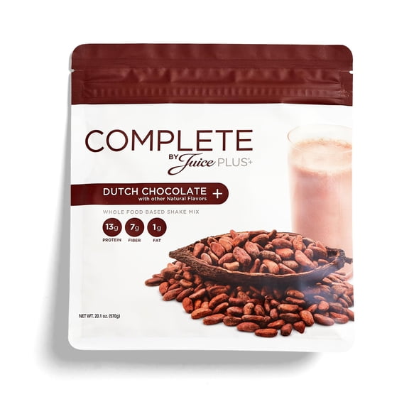 Complete by JuicePlus+ Dutch Chocolate Shake Mix, Plant-Based Protein & Fiber Powder with Prebiotics, 30 Servings (2 Pouches)