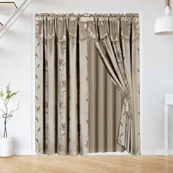 Taupe Complete Lxury Window Curtain Set 2 Panels 60 " Wide X 84" Length each Rod Pocket Floral Design for Large Window Any Room Nada