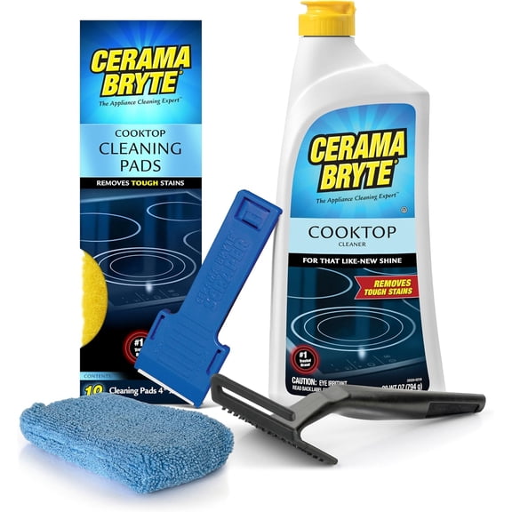 Complete stove cleaning set, 10 cleaning pads, 1 handle tool, 1 scraper, and 1 microfiber cloth, 28 fluid ounces