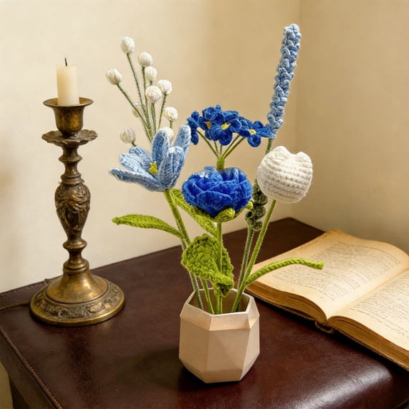 Completed Crochet Blue Flowers Bouquet, Handmade Knitted Bouquet, Crochet Artificial Flowers for Valentine's Day Mother's Day, Graduation, Birthday, Wedding, Home Decor, Gifts