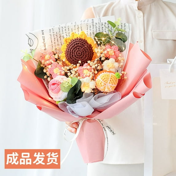 Completed Crochet Flower Bouquet: Artificial Flower Handmade Knitted Sunflower Bouquet for Mother's Day Festival Wedding Anniversary Thanksgiving