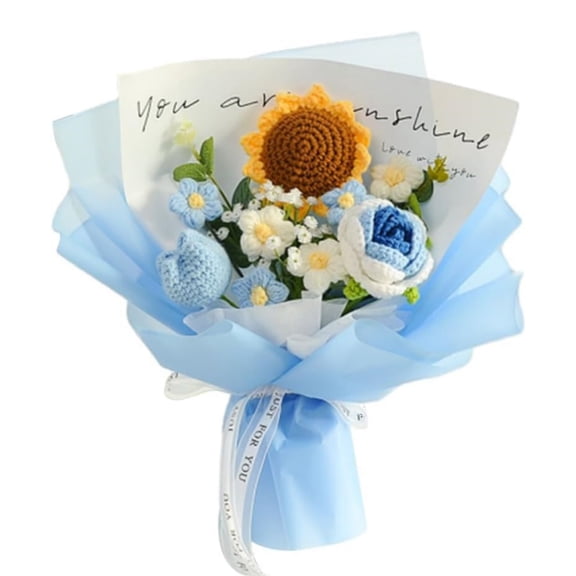 Completed Crochet Flower Bouquet, Kvago 13.78in Handmade Knitted Bouquet, Artificial Crochet Bouquet Kit Knitted Fake Sunflower for Mother's Day Birthday Wedding Graduation Decor Gift (Blue)