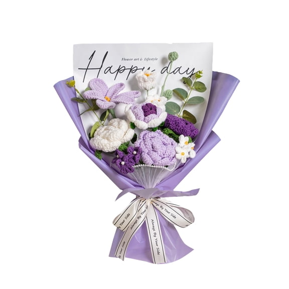 Completed Crochet Flowers Bouquet, Handmade Knitted Bouquet, Crochet Artificial Flowers for Mother's Day Birthday, Wedding Home Decor, Gifts for Mom (Purple Tulip)