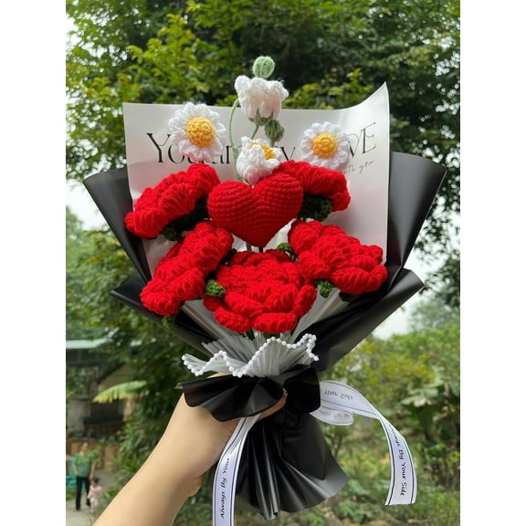 Completed Crochet Flowers Bouquet, Handmade Knitted Bouquet, Crochet Artificial Flowers for Mother's Day, Graduation, Birthday, Wedding, Home Decor, Gifts (Blue Rose)