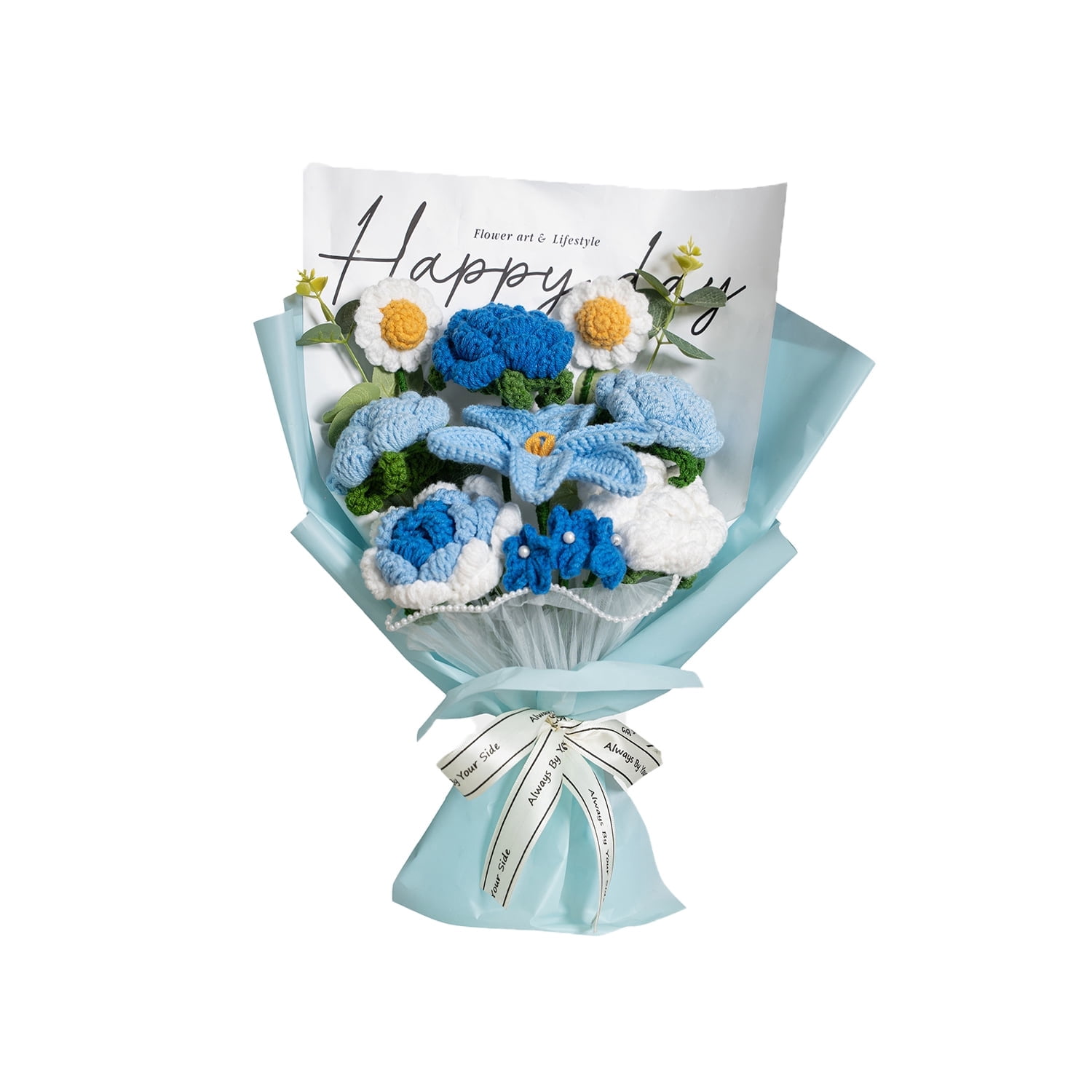Completed Crochet Flowers Bouquet, Handmade Knitted Bouquet, Crochet Artificial Flowers for Mother's Day, Graduation, Birthday, Wedding, Home Decor, Gifts (Blue Rose)