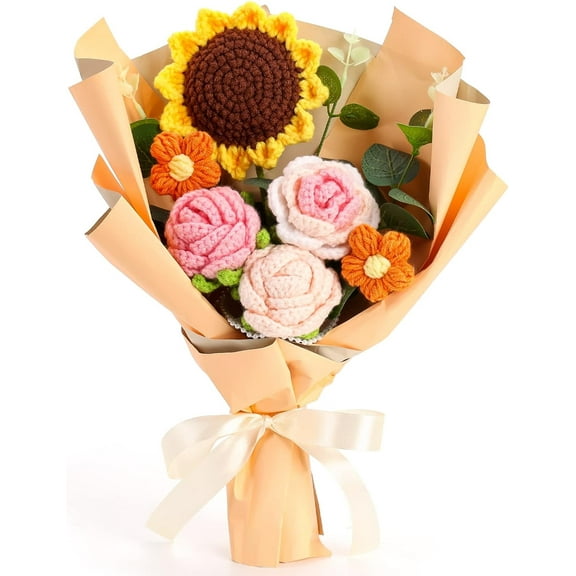 Completed Crochet Flowers Bouquet, Handmade Knitted Bouquet, Crochet Bouquet Kit Knitted Fake Sunflower Rose Daisy for Mother's Day Birthday Wedding Home Decor, Gifts for Mom