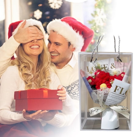 Completed Crochet Flowers Handmade Knitted Bouquet Rose Puff Flower Gift Card Bag Kit for Mother's Day Valentines Day Birthday Wedding Home Decor Red,Red Rose+Tulip Bouquet+Gift Box