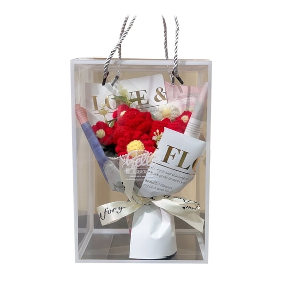 Completed Crochet Flowers Handmade Knitted Bouquet Rose Puff Flower Gift Card Bag Kit for Mother's Day Valentines Day Birthday Wedding Home Decor Red,Red Rose+Tulip Bouquet+Gift Box