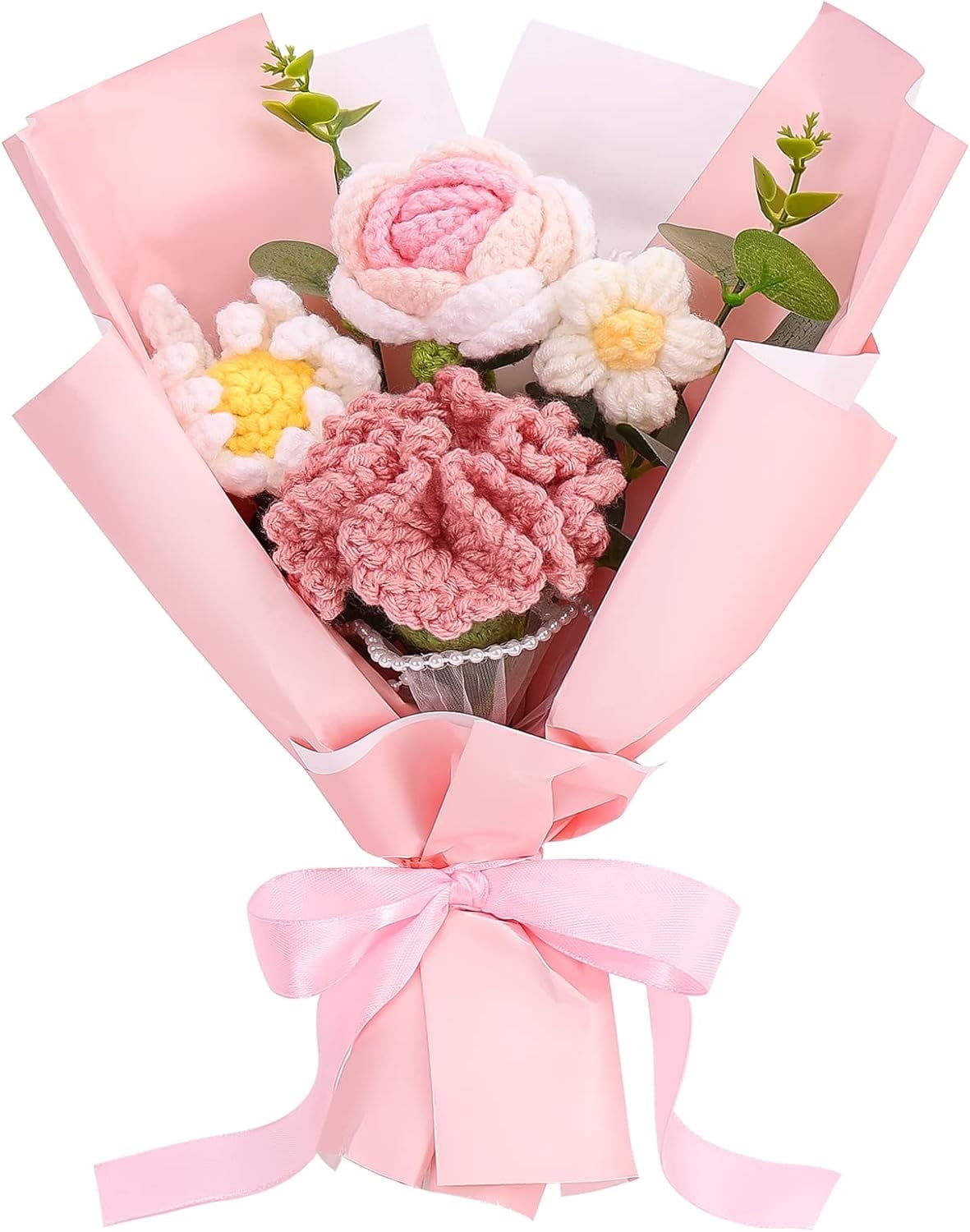 Completed Handmade Knitted Bouquet, Pink Crochet Flowers Bouquet Knitted Fake Carnation Mix Crochet Bouquet for Valentines Day Mother's Day Birthday Wedding Teacher’Day Gift and Home Decor