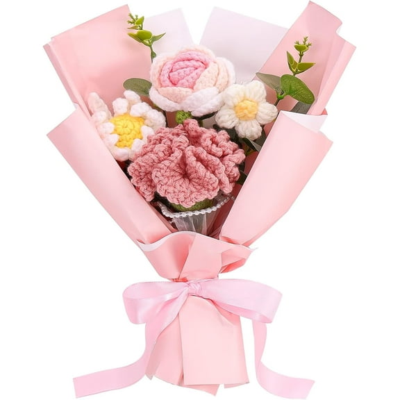 Completed Handmade Knitted Bouquet, Pink Crochet Flowers Bouquet Knitted Fake Carnation Mix Crochet Bouquet for Valentines Day Mother's Day Birthday Wedding Teacher’Day Gift and Home Decor