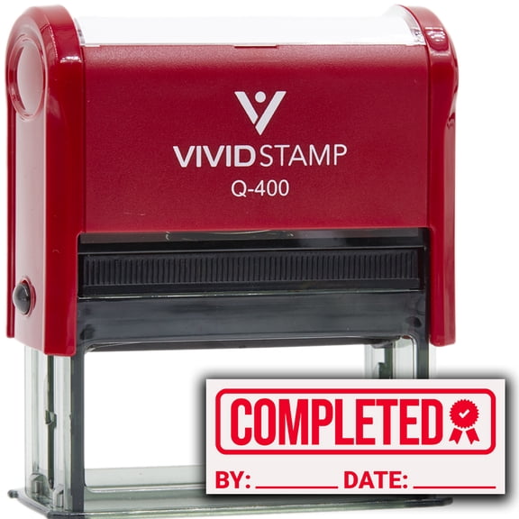 Completed With By Date Line (Rosette) Self Inking Rubber Stamp (Red Ink) - Q-400