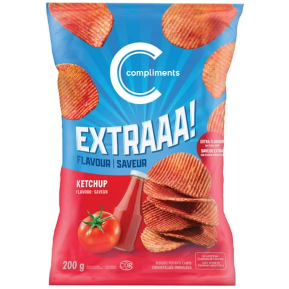 Compliments Extraaa Ketchup Flavor Ridged Potato Chips, 200g/7.1 oz., Bag