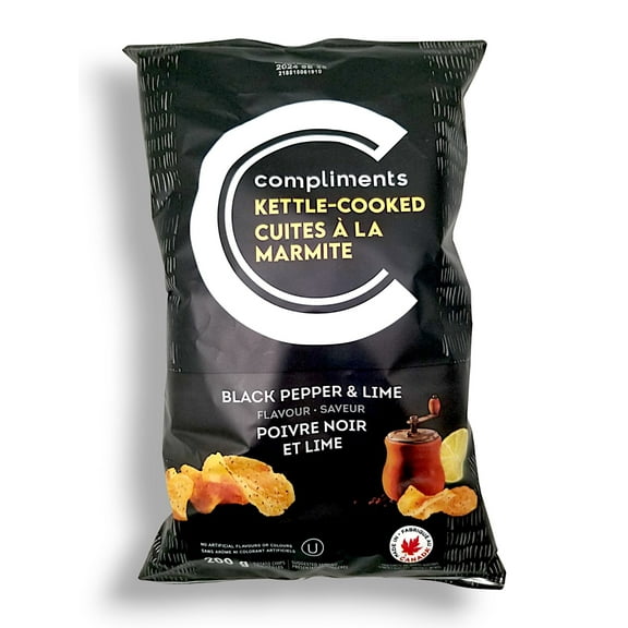 Compliments Kettle-Cooked Black Pepper & Lime Potato Chips, 200g/7.1 oz., Bag