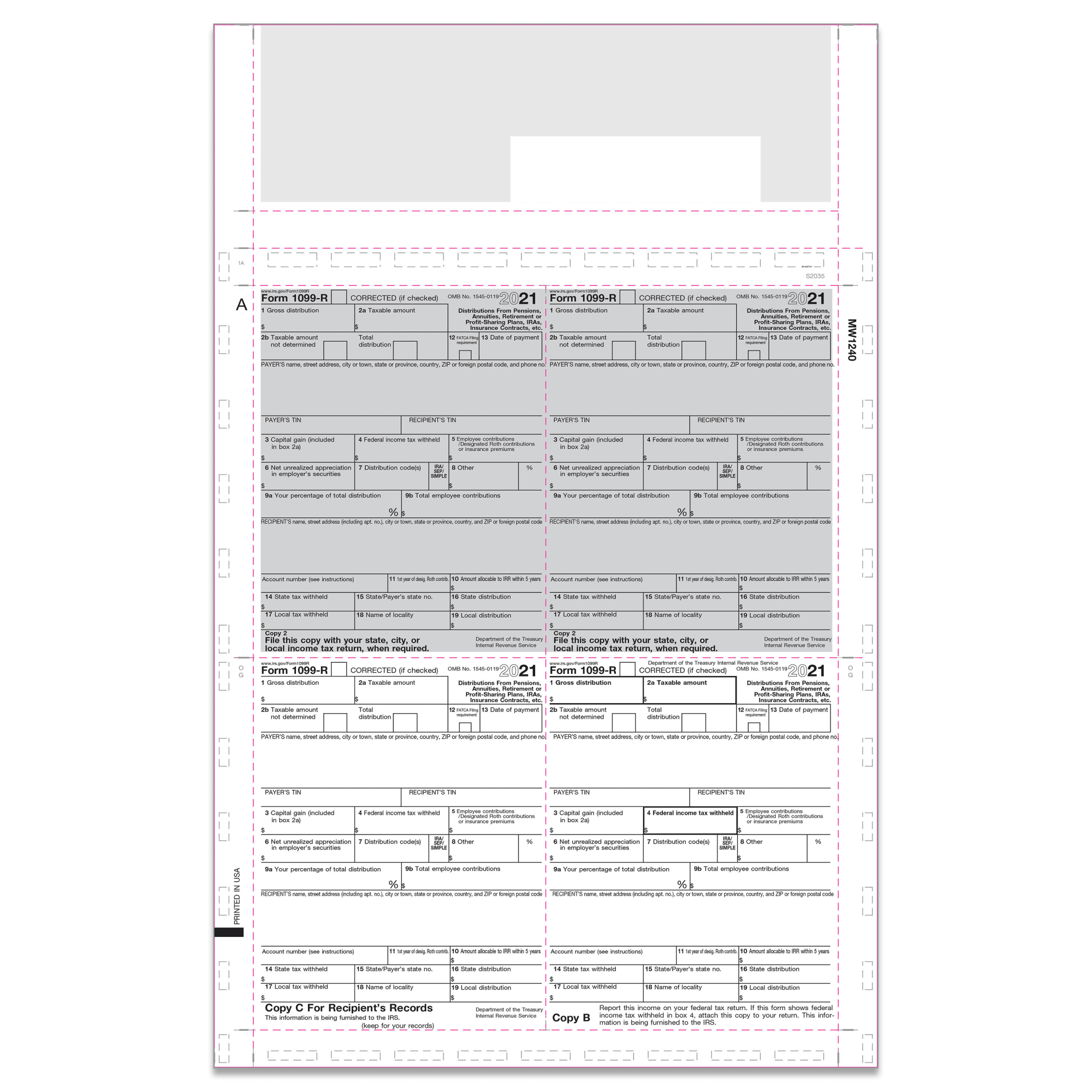 ComplyRight™ 1099R Tax Forms, Pressure Seal, 4Up (Box Format), Copies