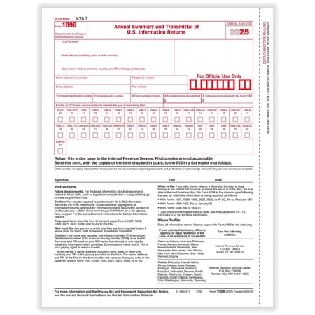 ComplyRight 2025 1096 Tax Form 1-Part Transmittal 25/Pack (510025)