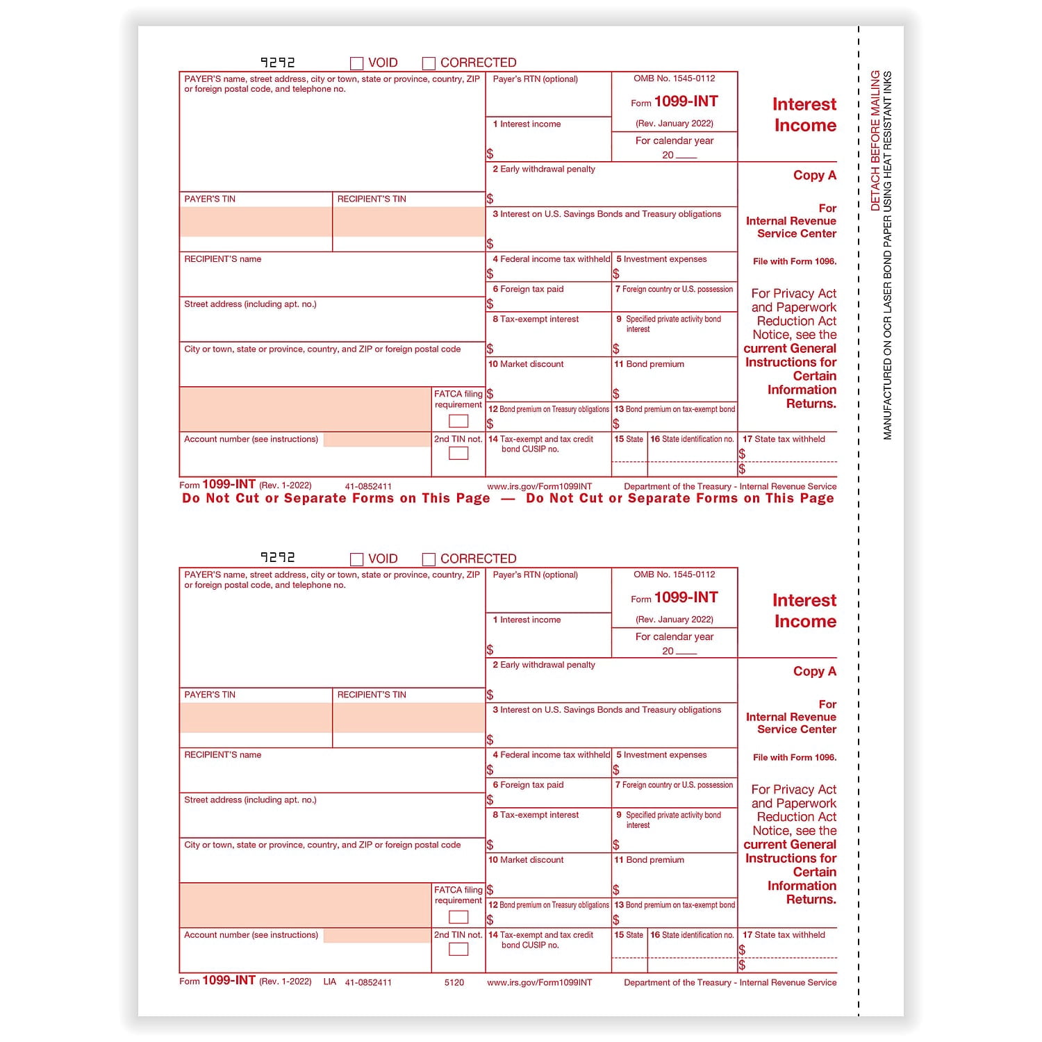 Ups Copy ComplyRight 2022 1099-INT Tax Form 1-Part 2-Up Copy A 50/Pack (512050 ...