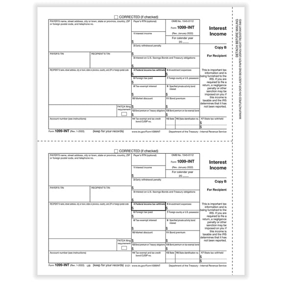 ComplyRight 2022 1099-INT Tax Form 1-Part 2-Up Recipient Copy B 50/Pack (512150)