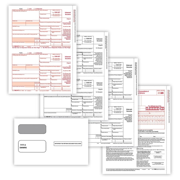 ComplyRight 2025 1099-INT Tax Form Envelopes 4-Part 2-Up Copies A B C 10/Pack (6106E10)