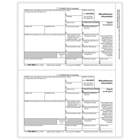 ComplyRight 2025 1099-MISC Tax Form 1-Part 2-Up Recipient Copy B 50/Pack (511150)
