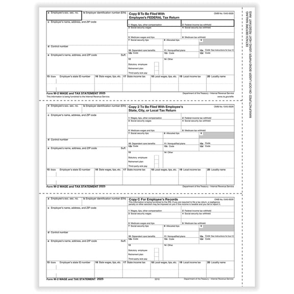 ComplyRight 2025 W-2 Tax Form 1-Part 3-Up Employee Copy B C and 2 50/Pack (521050)