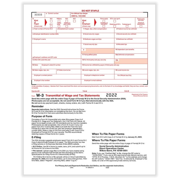 ComplyRight 2022 W-3 Tax Form 1-Part Copy A 10/Pack (520010)