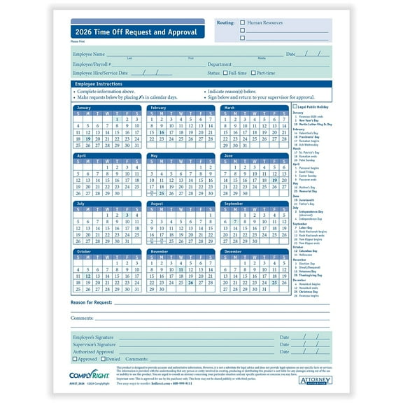 ComplyRight 2024 Time Off Request and Approval Calendar Pack of 50 (A0037)