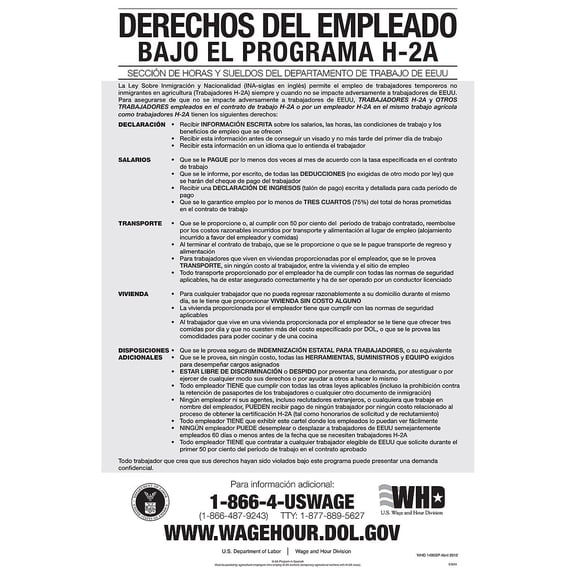 ComplyRight Employee Rights Under H-2A Program Spanish Poster (E3204)