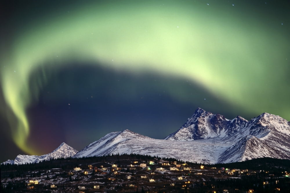 Composite Aurora Borealis Over Hillside Neighborhood & Chugach Mountains Anchorage Alaska Canvas Art - Composite Image Design Pics (19 x 12)
